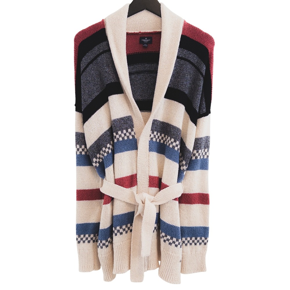 American Eagle Cardigan Sweater Womens L Cream Striped Belted Boho‎ Fair Isle